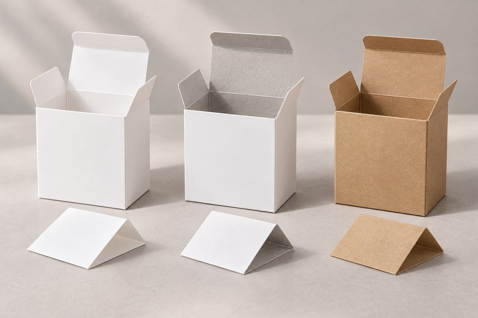 Minh họa ba hộp giấy: Ivory nền trắng, Duplex mặt trong xám và Kraft nâu